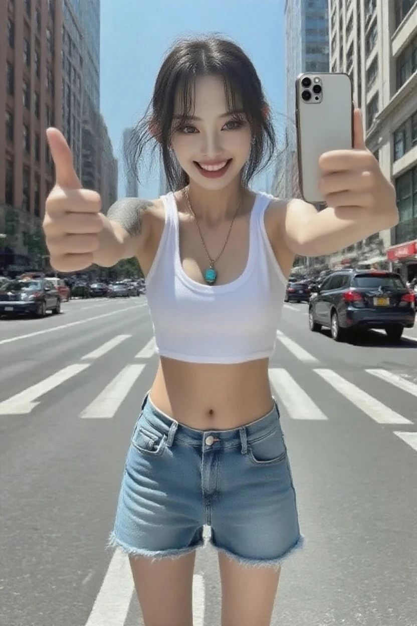 1girl wearing cleavage shirt and short, ((Seductively standing on old rusted abandoned heavy construction equipment)), ([old abandoned excavator )],(abandoned jcv excavator), (dirty old abandoned excavator),((big boobs)), ((cleavage)), ((characters play)),((long black hair)), ((perfect blue eye)),((perfect fingers)), dimple on chiks ,smiling,((full body closeup camera view)), ((multiple views)), Hasselblad, Sony FE GM, f/16, 135mm, masterpiece, anatomically correct,super detail, high details, high quality, best quality, 1080P, HD, 8k,