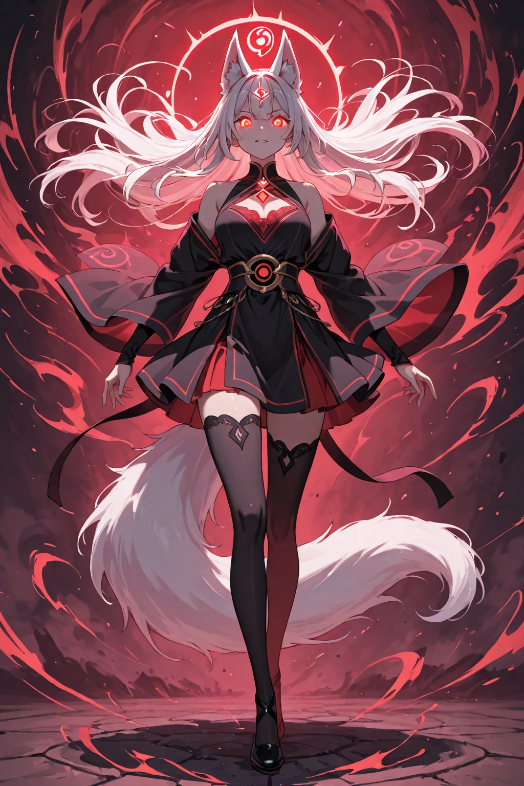 An adult woman half fox and wolf, wide breasts, red eyes, white hair, very angry, in a black dress, on her back, wide ass, looking back, with a sword, and in a battle environment, and very sexy