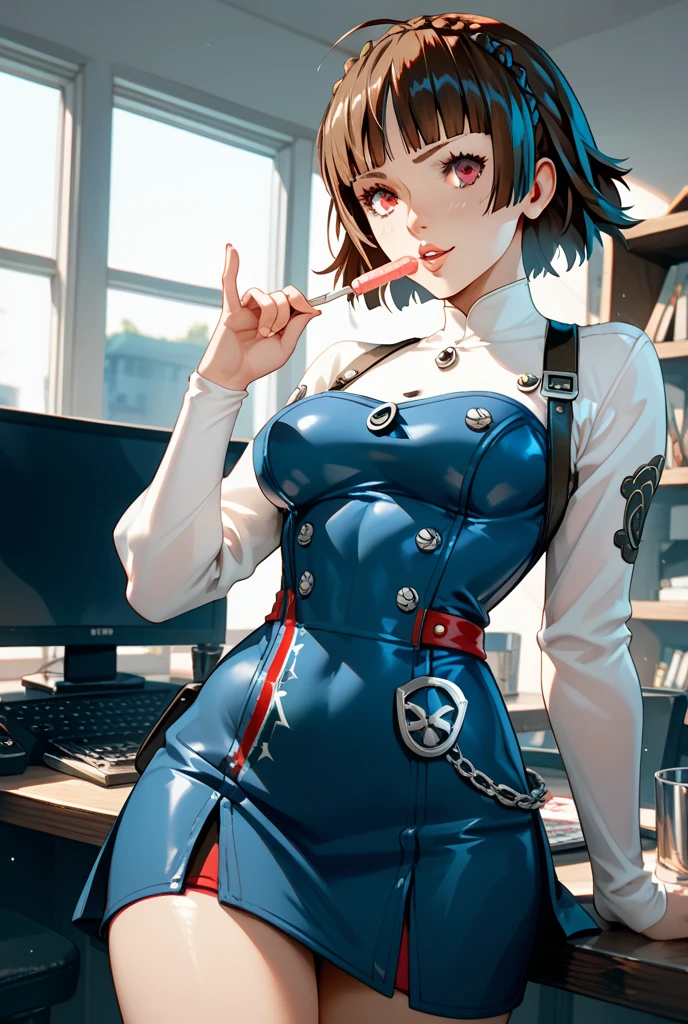 whole body, (mechanic's jumpsuit), absurdres, RAW photo, extremely delicate and beautiful, masterpiece, Best Quality, ultra high resolution, 32k, hyperrealistic, ultra-detailed, detailed description, pale skin, 20 years old, detailed beautiful face and eyes, tearful mole, earring, Colossal tits, short medium hair, wavy hair,