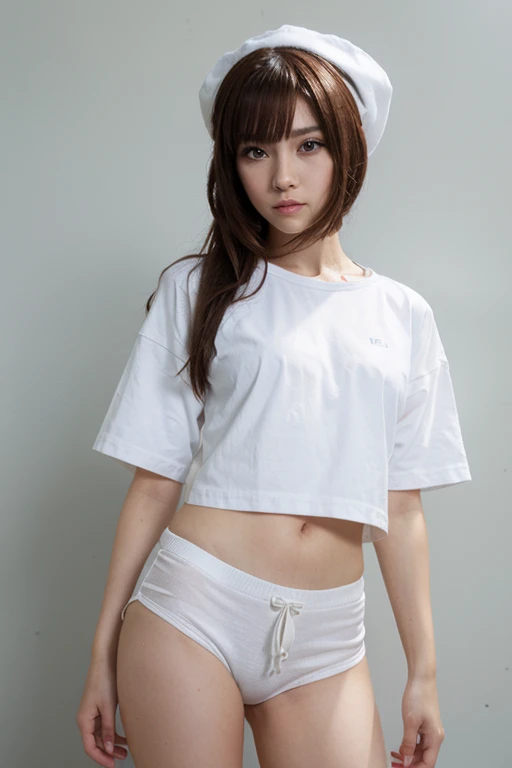 ((different clothes)), (((Petite))) ,(low angle shot, shot from below:1.2), portrait photo of a 18 years old j-pop girl, wearing shorts, (large hanging breasts, sagging breasts, white shirt), beautiful face, perfect eyes, medium haircut, random pose, posing to viewer, <lora:hinaMaybeBetterPose_v3:0.5>
