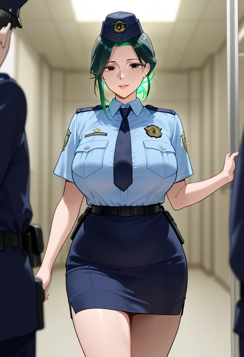 One Woman、Braided twin tails、Huge breasts、(Huge breasts:1.8)、Glasses、blue eyes、Green Hair、My hair is messy, Black gloves, White socks, Police uniform, Black Skirt, Short sleeve, Cowboy Shot, salute, Put your hands on your hips,smile,close your eyes, Tears in the eyes、Open your mouth, What saliva leaves behind, Wet skirt hem, Sticky panties, Bulging of the vibrator cord, Vibrator with Garters,