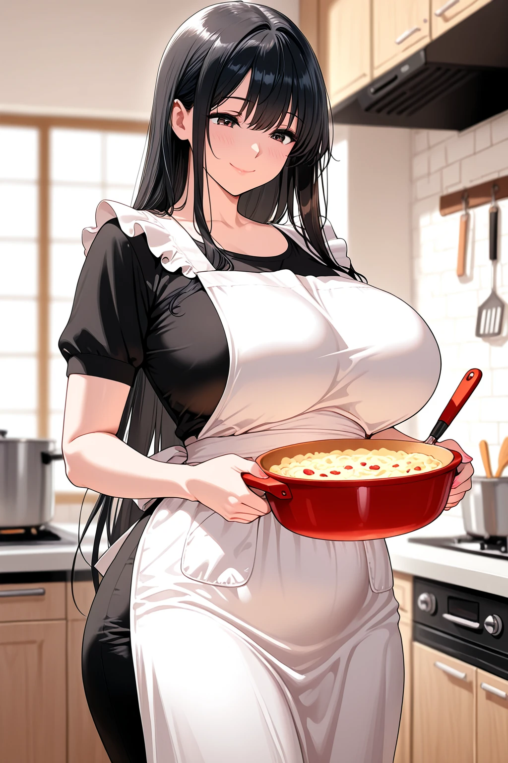(Mature Woman:1.5), (mother:1.5), Ishtar, Fate Grand Order, (absurderes, 8K, 4K, masutepiece, hyper extreme detailed:1.2), Best Quality, Perfect Anatomy,Perfect face,Facing forward,High humidity, (alone:1.2), (Sweaty:1.3), shortness of breath, High humidity, humid, (Black Hair:1.1), Red eyes, Looking into the camera, (Very large breasts:1.5), Light clothing, apron, (kitchen;1.1), (Having a conversation:1.5), (Speech bubble:1.2), A kind smile, relief, peace of mind, mother性, Cooking, have a ladle, pot, pot-au-feu, (chubby:1.1), (Plump:1.1)