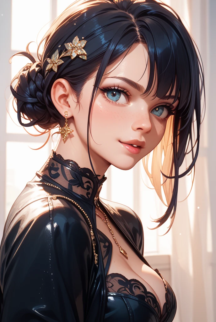 (best quality,ultra-detailed,highres,masterpiece:1.2), detailed eyes, beautiful lips, realistic facial features, intense gaze, long and voluminous eyelashes, flawless skin, adult face with mature features, elegant ponytail hairstyle, medium-sized breasts, alluring cleavage, confident pose, soft and natural lighting, realistic textures, vibrant colors,full