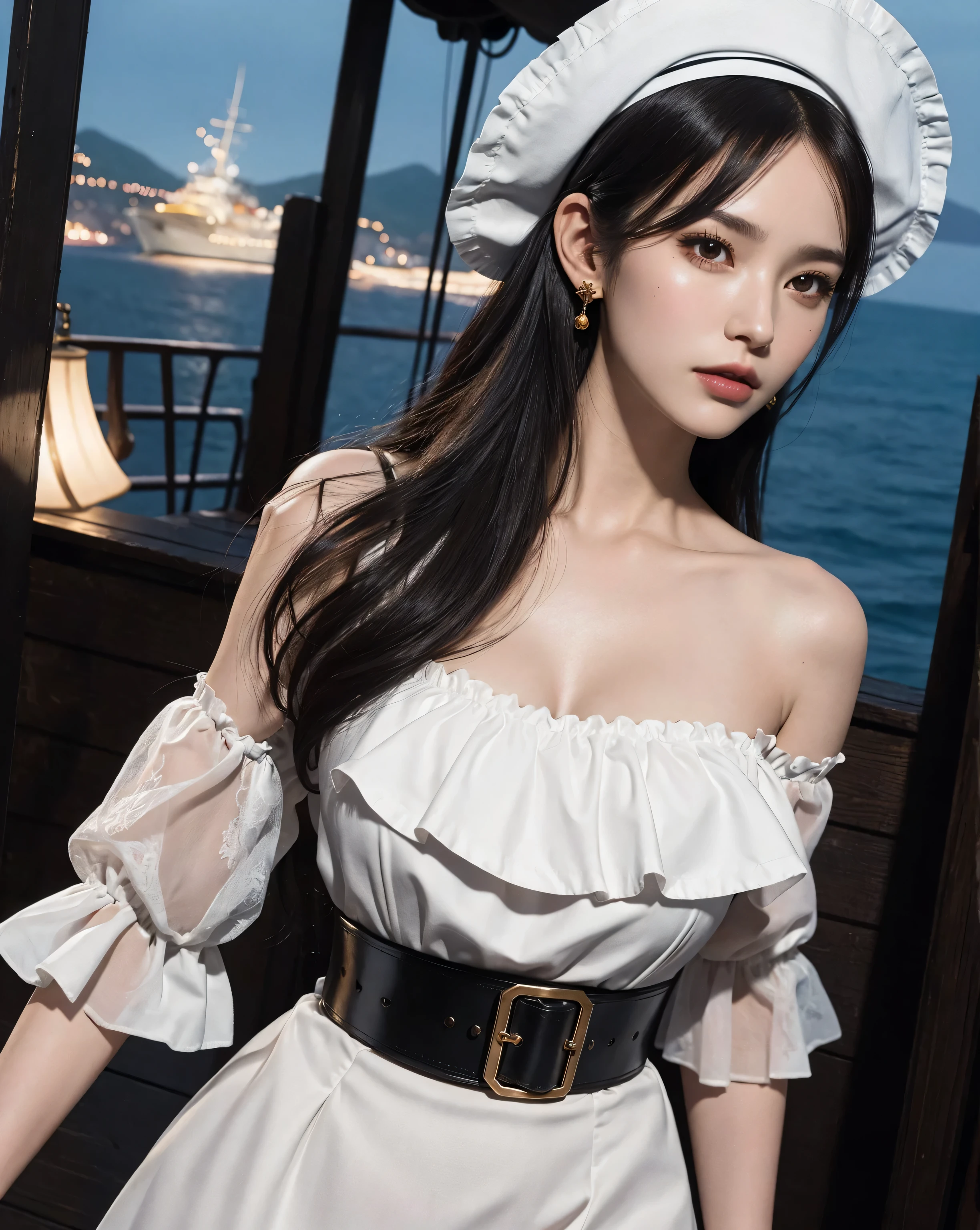 absurdres, RAW photo, extremely delicate and beautiful, masterpiece, Best Quality, ultra high resolution, 32k, hyperrealistic, ultra-detailed, delicate facial features, beautiful detailed woman, tearful mole, earring, medium breasts, ((full body shot)), medium hair, black hair, pirate captain, intricate pirate clothing,