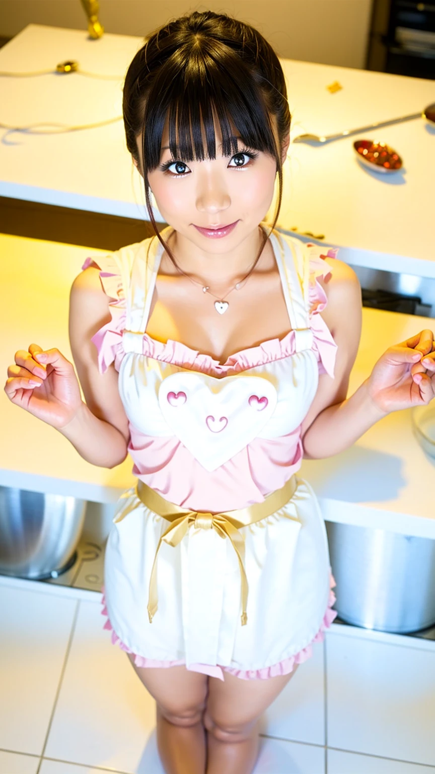 (high-level image quality、hightquality、hight resolution、​masterpiece、detaileds、Shooting from behind）、Smile at the camera、light brown messy long curly hair、((skiny body:1.3)）、((tiny chest:1.3)）、((White ruffled bra and panties and garter belt:1.3))、（(She wears a big collar and a big chain on her body:1.3)）、is standing、Have fruits、The pose is so cute and nice、(old apartment)、(A room with messy fruits scattered around:1.2)、(the walls are very dirty)