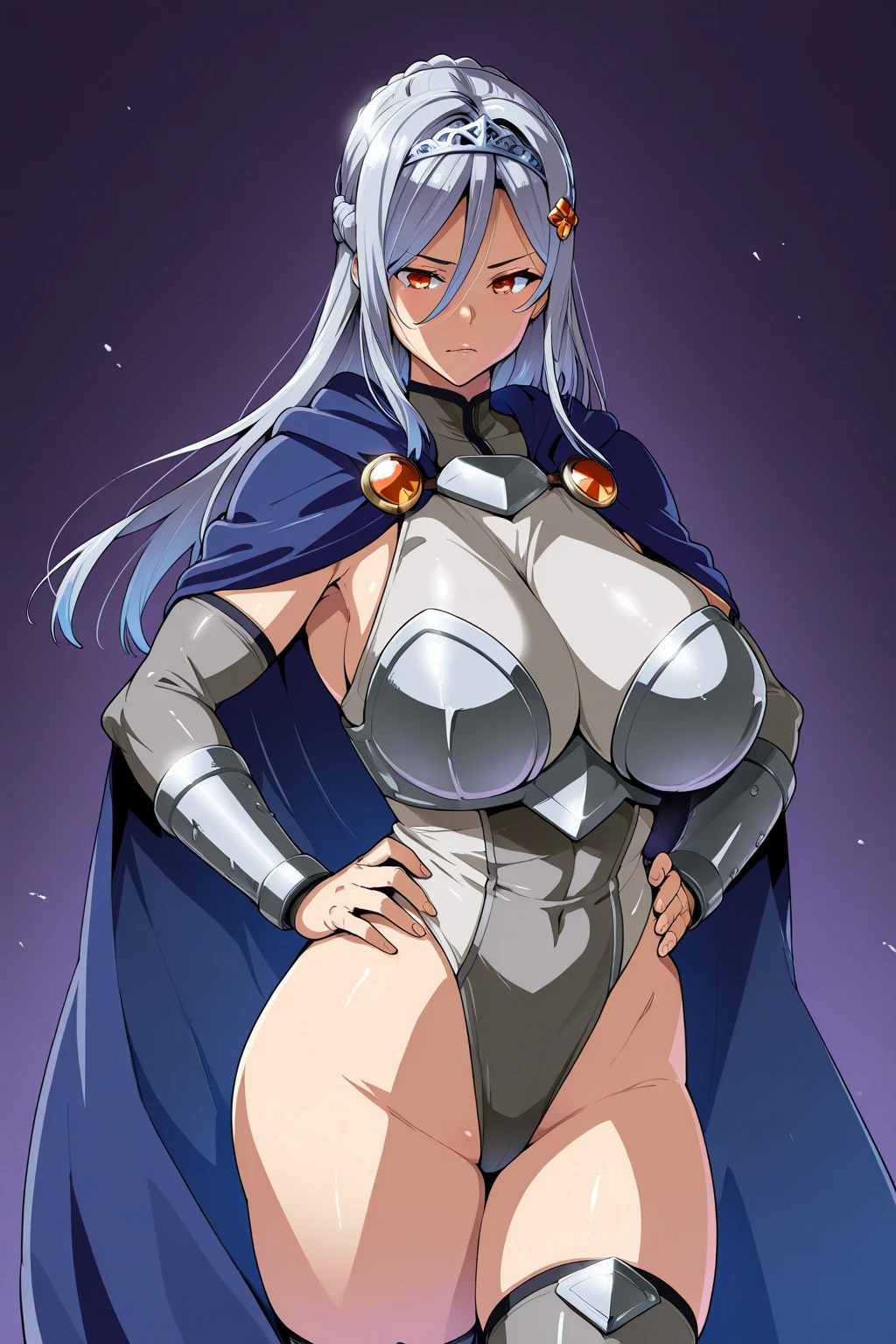 Silent magician, ropa apretada, poca piel visible, (( ruborizada, sonrisa, oiled skin)), pelo largo, cabello blanco, (( white hair)), sombrero blanco, Curvy body, abs, muscle, muscle girl, big sagging breast , monstruo de duelo, Iparuputsua, de pie en la entrada de un castillo, magic world background, mundo medieval .
