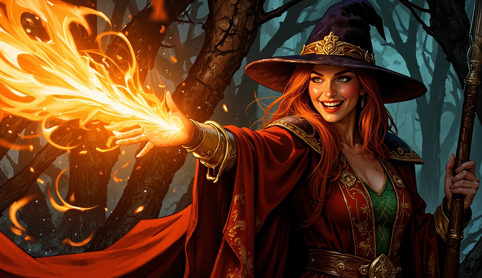 A powerful, elven mage woman, approximately 30 years old, with striking features and olive skin,(( expels vibrant orange flames in a concentrated cone from her outstretched hand)). Her wide, crazed grin reveals sharp teeth, her eyes gleaming with manic satisfaction as she unleashes the inferno. She wears a large, ornate, conical hat, obscuring most of her face except for her wild expression, the hat crafted from dark, richly textured velvet adorned with intricate gold embroidery. Her long, flowing auburn hair escapes the hat’s confines, framing her face. She's clad in a deep crimson robe, cinched at the waist with a thick, woven leather belt, revealing glimpses of a finely embroidered, deep green underdress. The robe’s fabric is detailed with a heavy, luxurious texture, suggesting velvet or heavy silk. Her pose is dynamic, leaning slightly forward, her body radiating energy as the flames erupt. The scene is rendered in a style reminiscent of classic medieval comic book adaptations, characterized by thick, black ink lines, dramatic shading, and a stark contrast between light and shadow. Warm, fiery oranges and reds dominate the color palette, contrasted by the deep greens and dark browns of her clothing and the shadows engulfing her lower body. The background is a dark, moody forest, rendered with loose brushstrokes suggesting thick foliage and deep shadows, highlighting the central figure and the fiery eruption. The composition is a close-up, slightly low-angle shot, emphasizing the mage's power and the intensity of the flames. The overall mood is one of chaotic energy and dark fantasy, reminiscent of a gothic horror comic book style with an emphasis on dramatic lighting and expressive line work.