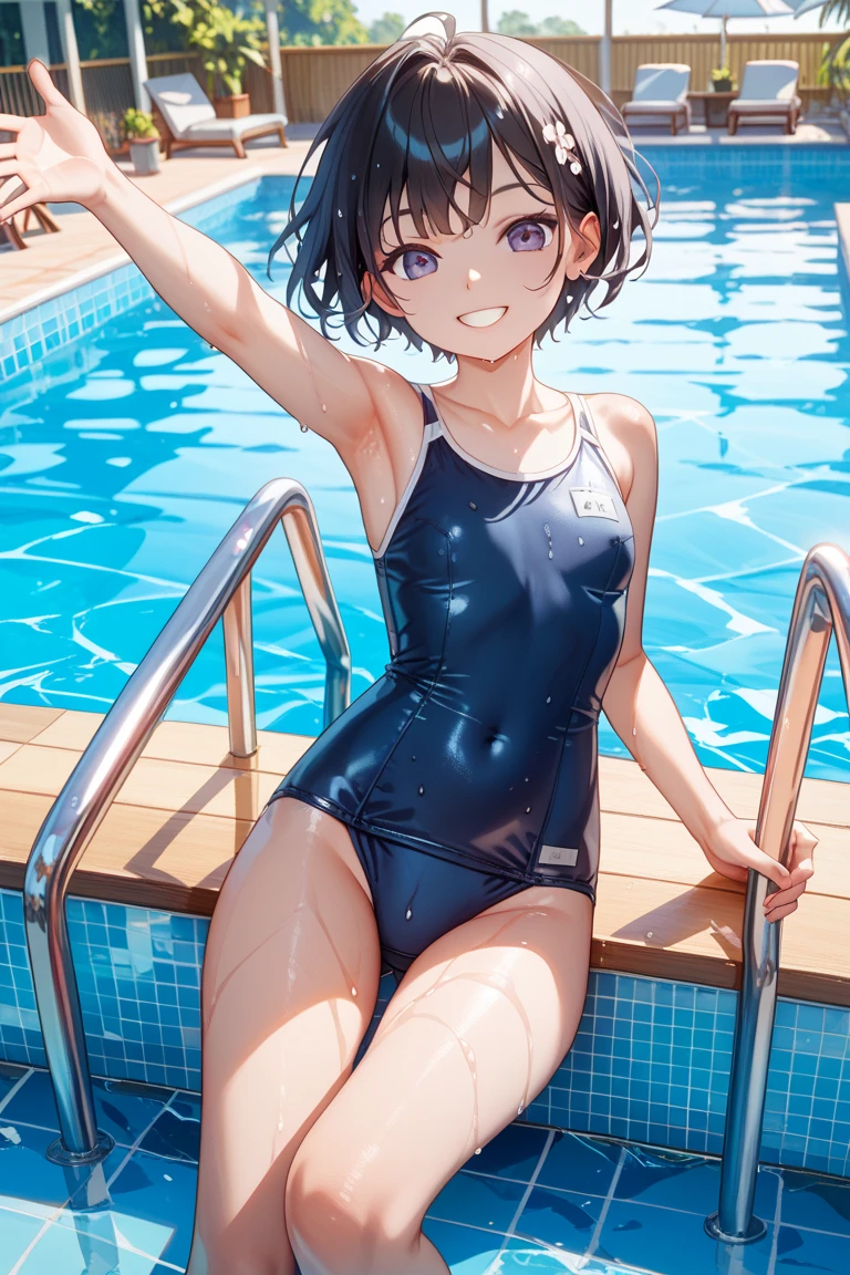 Midsummer、pool、sit、boy、black hair、short hair、Forehead is coming out、wet hair、orange swimsuit、slender、abs、zoom、smilingly、peace sign