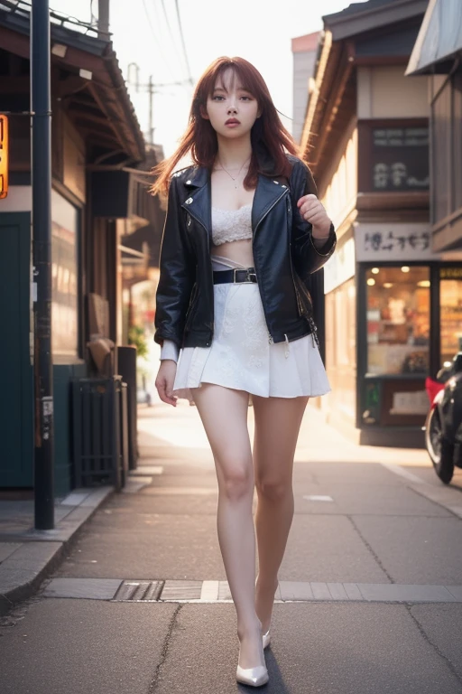 ((8K:1.27)、highest quality、masterpiece、ultra high resolution:1.2)photograph、photograph、japanese woman、elegant、neat、cute、shortcut、laughter、24-years-old、elegant、handsome face、gentle smile、Close-up of a woman wearing a gray jacket and white skirt, plain colors、with short hair, Grey halter top, halter top, halter neck, gray top, (super realistic pantyhose:1.3)、Omotesando、street tree、Morning cityscape、fashionable town、The morning sun is dazzling、small breasts、street tree、胸を強調したhalter top、angle from the side、hair blowing in the wind、tote bag、(full body shot:1.5),