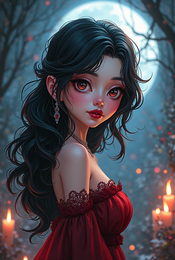 A girl with extraordinary beauty Black hair with waves and blue eyes with a red dress highlighted on the body in the forest with candles Animation style with realistic details