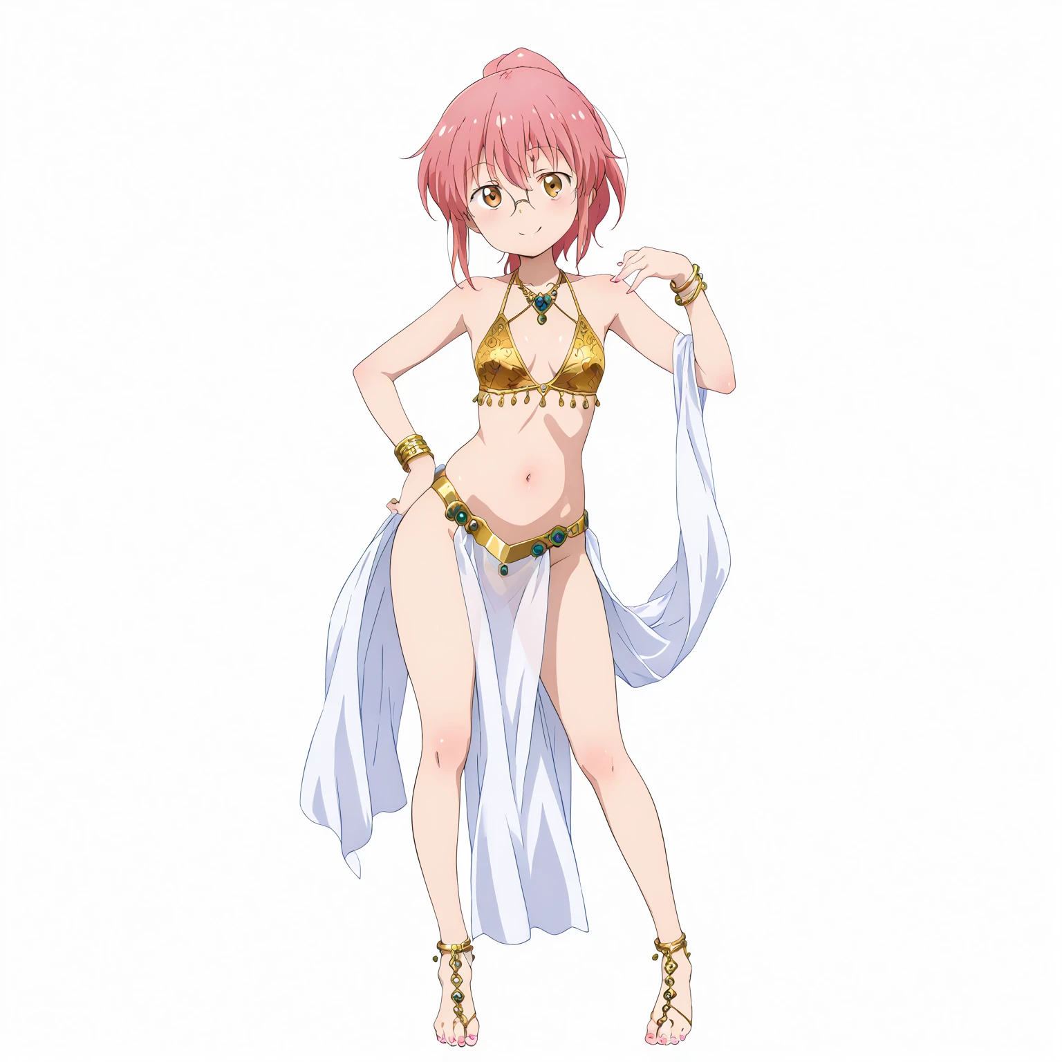 ,lenna charlotte tycoon ,short hair, (green eyes:1.5), pink hair,masterpiece, best quality, 1girl, nsfw, jewelry, red gemstone earrings, pink_hair, short hair, medium hair, 
drooping eyes, green_eyes, golden ornaments, armlet,  white boots, smile, completely nude,