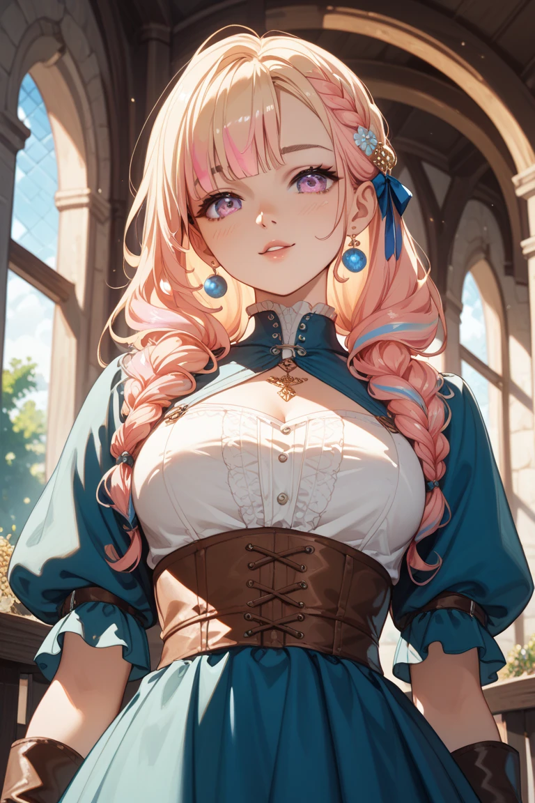 pink hair, hair over shoulder, parted bangs, jewelry, flower on head, mismatched pupils, aqua eyes, heart earrings, light smile, closed mouth, cinematic lighting, UHD, textured skin, high details, best quality, highres, 4K, 8k,(I have a flower.)