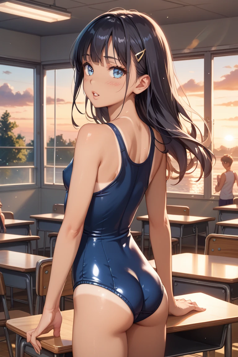 top-quality、Full limbs、complete fingers、Slender beauty、1 persons、ssmile、double tooth、embarassed expression、Sailor School Swimsuit、knee high、straighten your legs、Put your hands on your hips