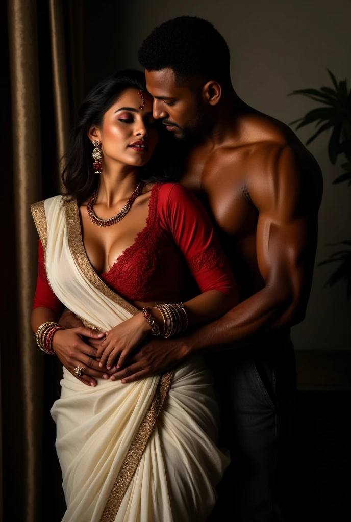 A image of two persons a husband with six packs and wife bold scene hot saree ,big breasts on bad little smile romantic