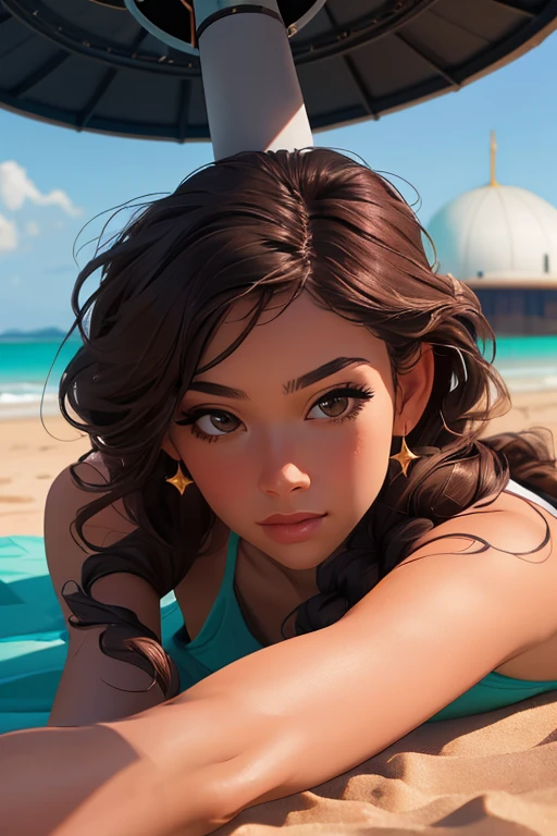 ultra realistic 8k cg, masterpiece, ((ultra detailed background, delicate pattern, intricate detail, highly detailed, fine details best quality, hyperdetailed face)), (photorealistic:1.4),beautiful lighting, absurdres, RAW photo, film grain,1girl, solo, brown hair, braid, smile, long hair, brown eyes, navel, midriff, braided ponytail, swimsuit, bikini, small breasts, bare shoulders, ((complex detailed background, beach, sand, ocean, outside, palm tree, sunbed, blue sky)),