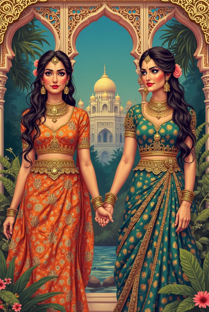 Illustration of  fusion of two different indian culture with their traditional clothes, cultural  food , gods , and festivals 