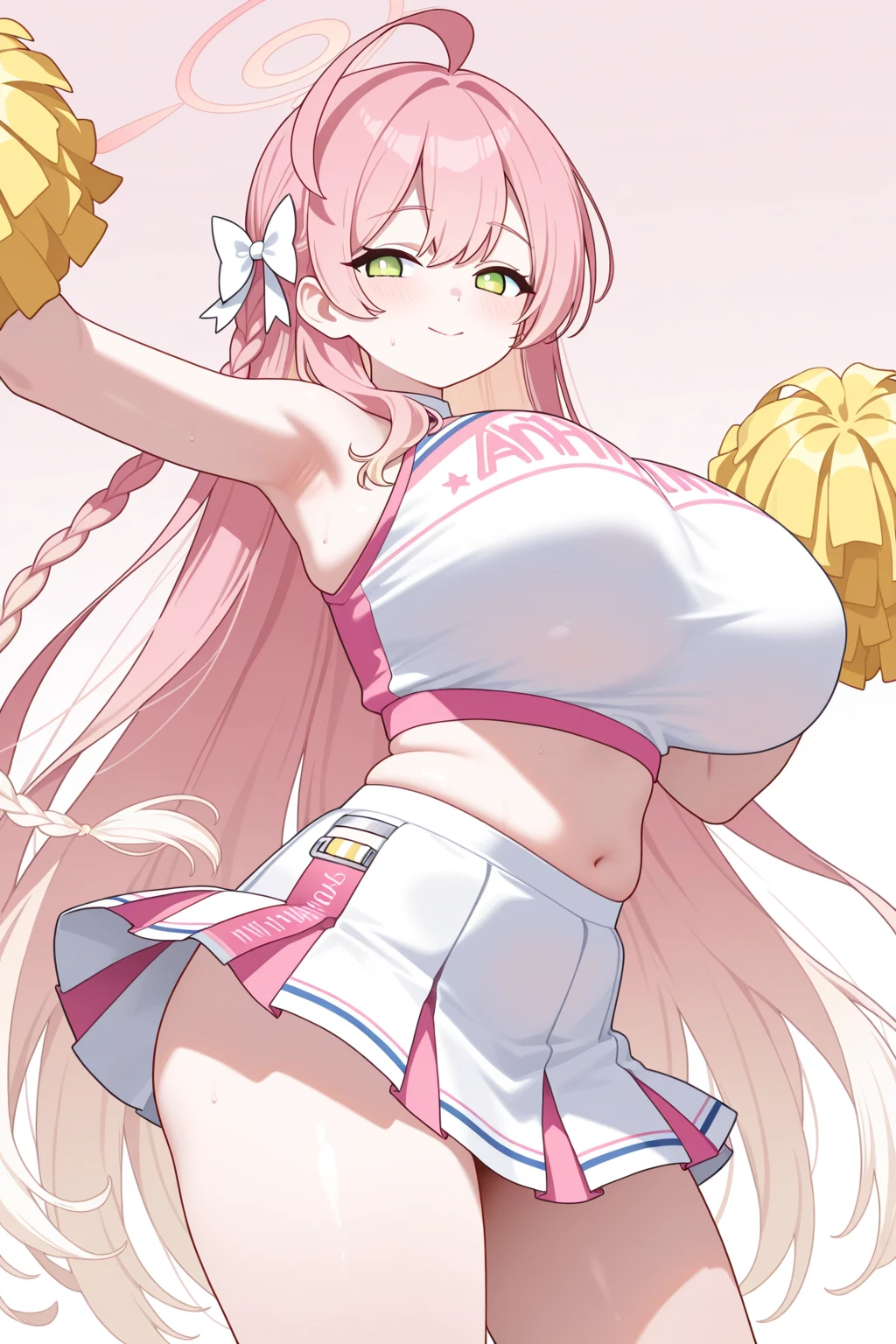 masterpiece,Highest quality,(Super detailed),Perfect lighting, Extremely detailed CG,Very detailed,(Very detailed目,Very cute face,Very detailed顔:1.3),Beautiful Anime Girls,(Solo Girl),(Super huge boobs:1.9),(functional,Glamour,sexy:1.9),(blonde,Medium Short Hair,Braiding,Long hair down in front:1.5),(Big bright blue eyes),(Very happy smile:1.5),break,(Cheerleader Costume,Cleavage,Open-chested clothing,belly button,Pink low rise micro mini skirt,Show off your pants:1.5),Stadium,Audience seats,Jump,Dynamic pose