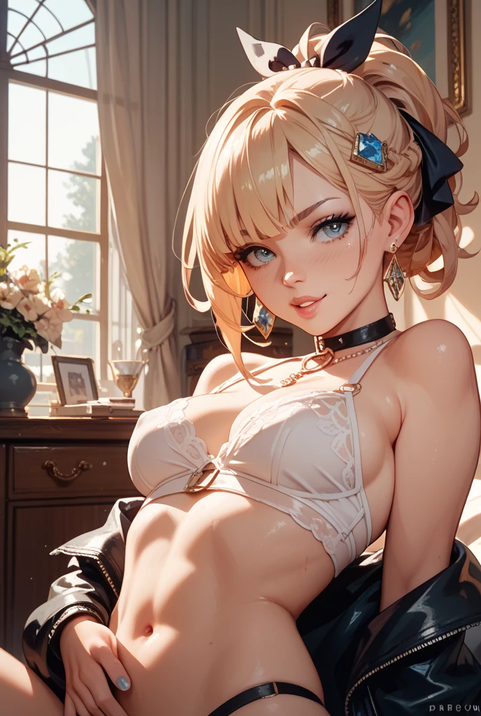 ((1woman, (solo, 1girl, alone), kohaku, blonde hair, blue eyes, tied hair)), smug, ((solo, (1woman, pink lipstick), Extremely detailed, ambient soft lighting, 4k, perfect eyes, a perfect face, perfect lighting, a 1girl)), austere, ((woman knight, (lace lingerie, red and black bra, red and black panties, living room, entrance hall, modern mansion, bracelets, earrings))