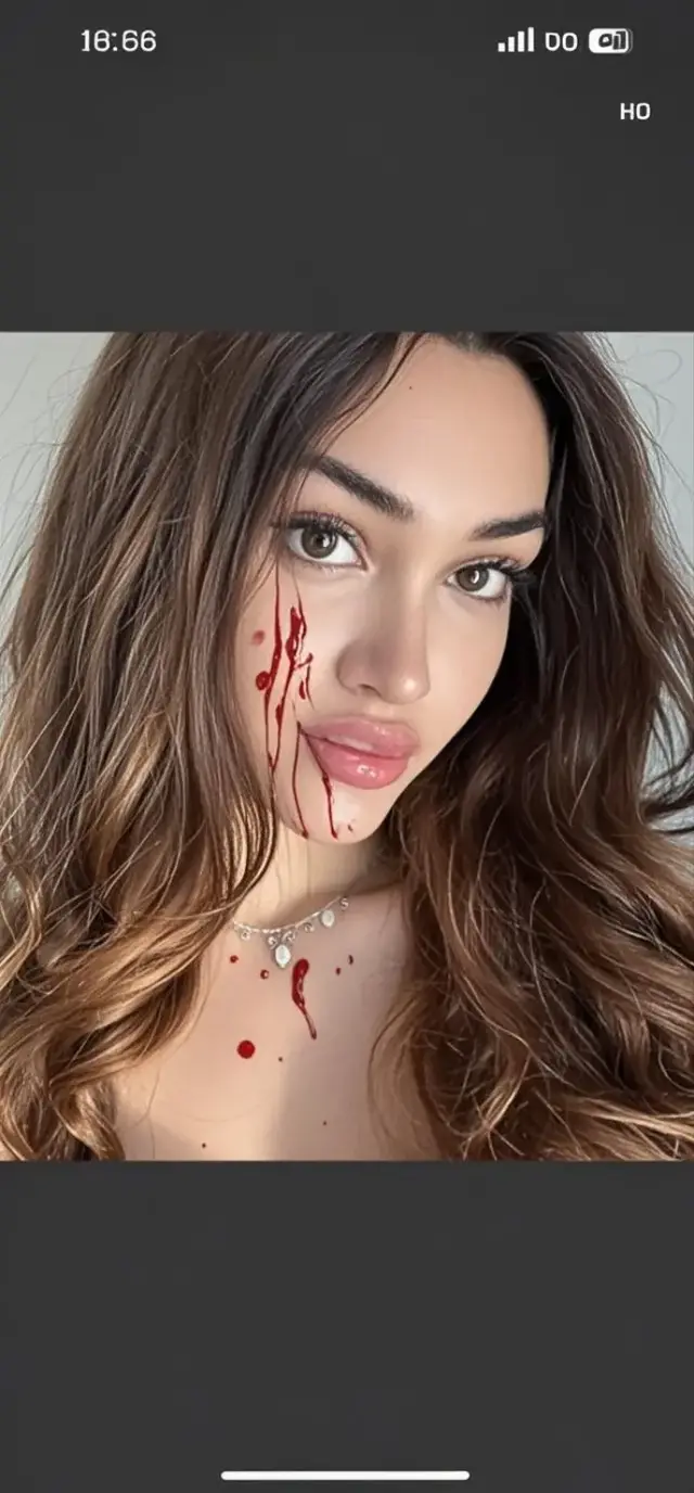 Lucia, , , from above, angry, in her room, mouth open tongue out , disgusted, frowning, eyes raised , red lipstick , on her knees, nude , from above 