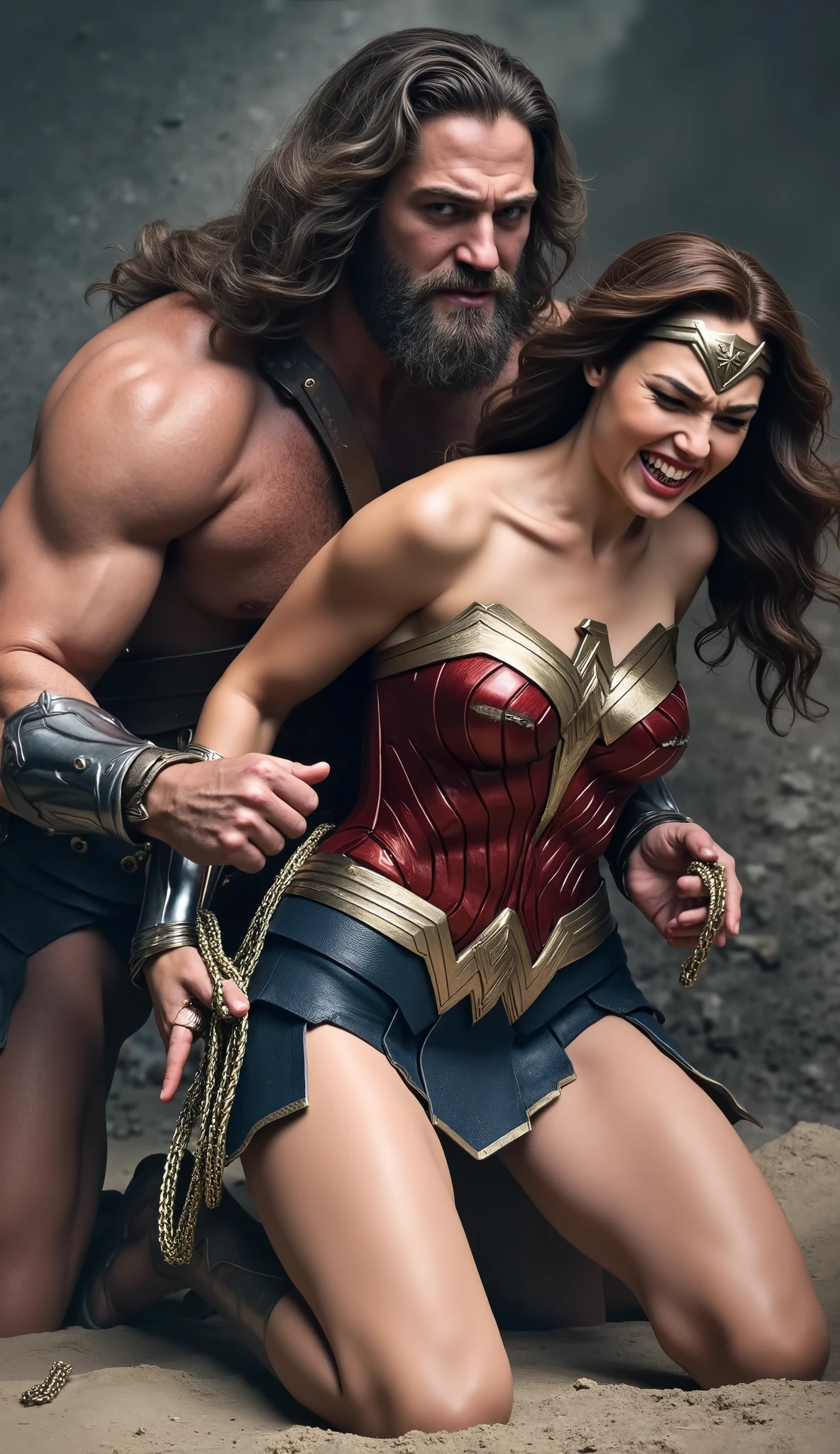 ((highest quality)), (8k, highly detailed, high-detail RAW color photography, masterpiece: 1.2), (realistic and realistic photo: 1.4), realistic room with (blurred background, depth of field), accurate perspective, (depth of field:1.2), cinematic lighting rendering, photon mapping, physics-based rendering, Wonder Woman embraced by a man, man wearing a black jumper, jeans, and arms around Wonder Woman's waist, Wonder Woman puts both hands on the man's arms, empowering, Wonder Woman, mouth open, frowning, pain, heavy breathing, closed eyes, (intricate details, makeup), (delicate and beautiful delicate face, delicate and beautiful delicate eyes, perfectly proportioned face), (realistically moist skin: 1.2), (drenched body: 1.2), (wet skin), wet hair, delicate skin, strong and realistic blue eyes, realistic black hair, lips, makeup, natural skin texture, tiara, jewelry, Stars \(symbol\), leotard, bulletproof gauntlet, red boots, golden girdle, (public clothing: 1.5), bare shoulders, slightly sunburned complexion, mature, sexy, elastic muscles, (muscles:1.2), ((strong and healthy body)), ((((more) muscles))), long legs, curves, (big breasts: 1.3), thin waist, soft waist, (delicate skin), (beautiful and sexy woman), (swollen lips: 0.9), (eyelashes: 1.2), very delicate muscles,