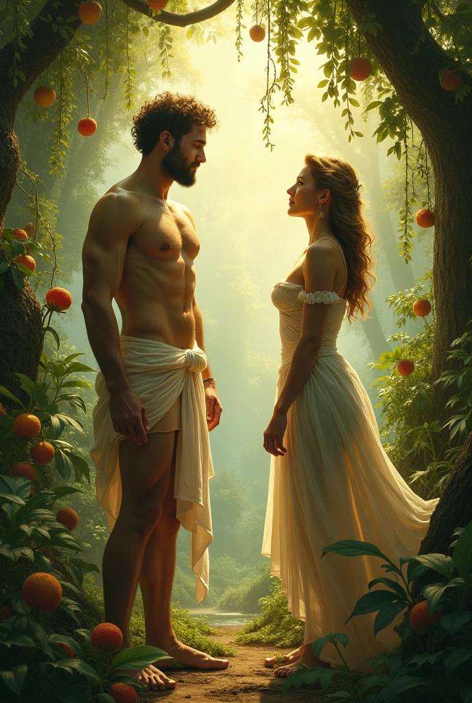 fullbody, painted of full body of four peoples, foot on ground, a standing greek handsome man give an apple to a naked woman with flower, a woman with shield, a woman stand front of a wolf, masculine, mature, muscular, hairy torso, fantasy, intricate, elegant, highly detailed, digital painting, artstation, concept art, smooth, sharp focus, illustration, art by gaston bussiere and alphonse mucha, looking each other.