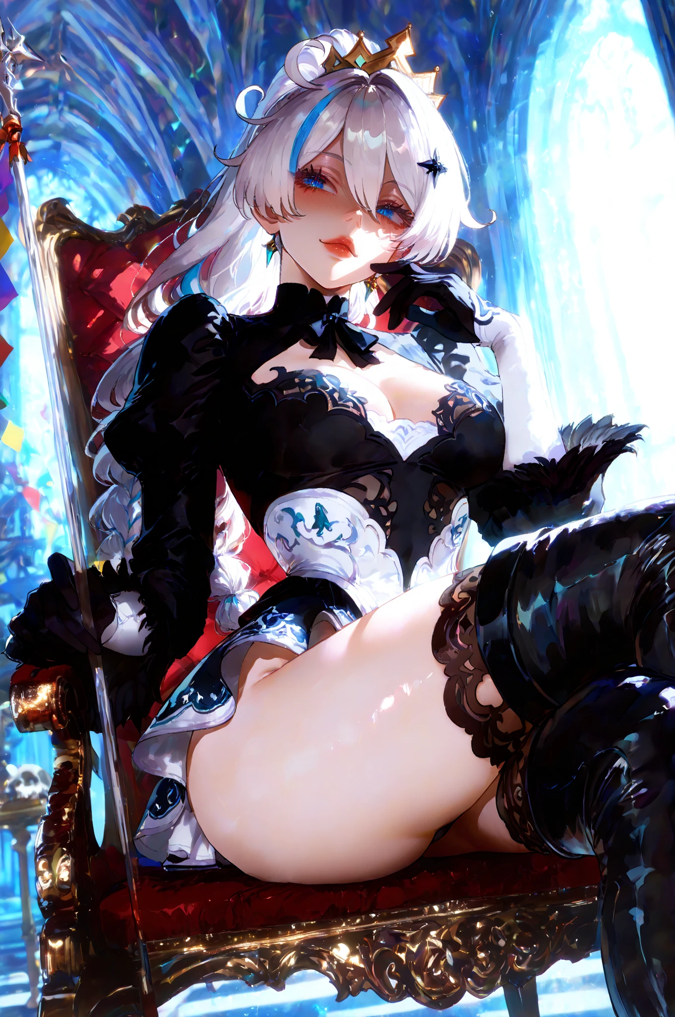 <lora:Furina_Genshin:0.9>,1girl,solo,Set off a splash in the sea,(panoramic view:1.2),The sea,Water,a joyous atmosphere,furina \(genshin impact\),fufu,full body,chain,frilled sleeves,shorts,blue bow,bowtie,long sleeves,frills,high heels,(blue headwear)+(mini hat:1.2),crown,blue footwear,blue bowtie,blue jacket,shirt,jewelry,jacket,(black footwear)+(blue footwear bow),white socks,vision \(genshin impact\),gem,(light blue hair)+(white hair)+(long hair)+(bangs)+(ahoge),(:d:1.1),(gloves)+(half gloves)+(left hand white gloves)+(right hand black gloves),(left hand white gloves:1.4),(heterochromatic:1.3)+(right eye light blue,)+(left eye purple:1.4),<lora:beautiful detailed eyes:0.8>,best quality,(masterpiece:1.3),Highly detailed,<lora:more_details:0.2>,