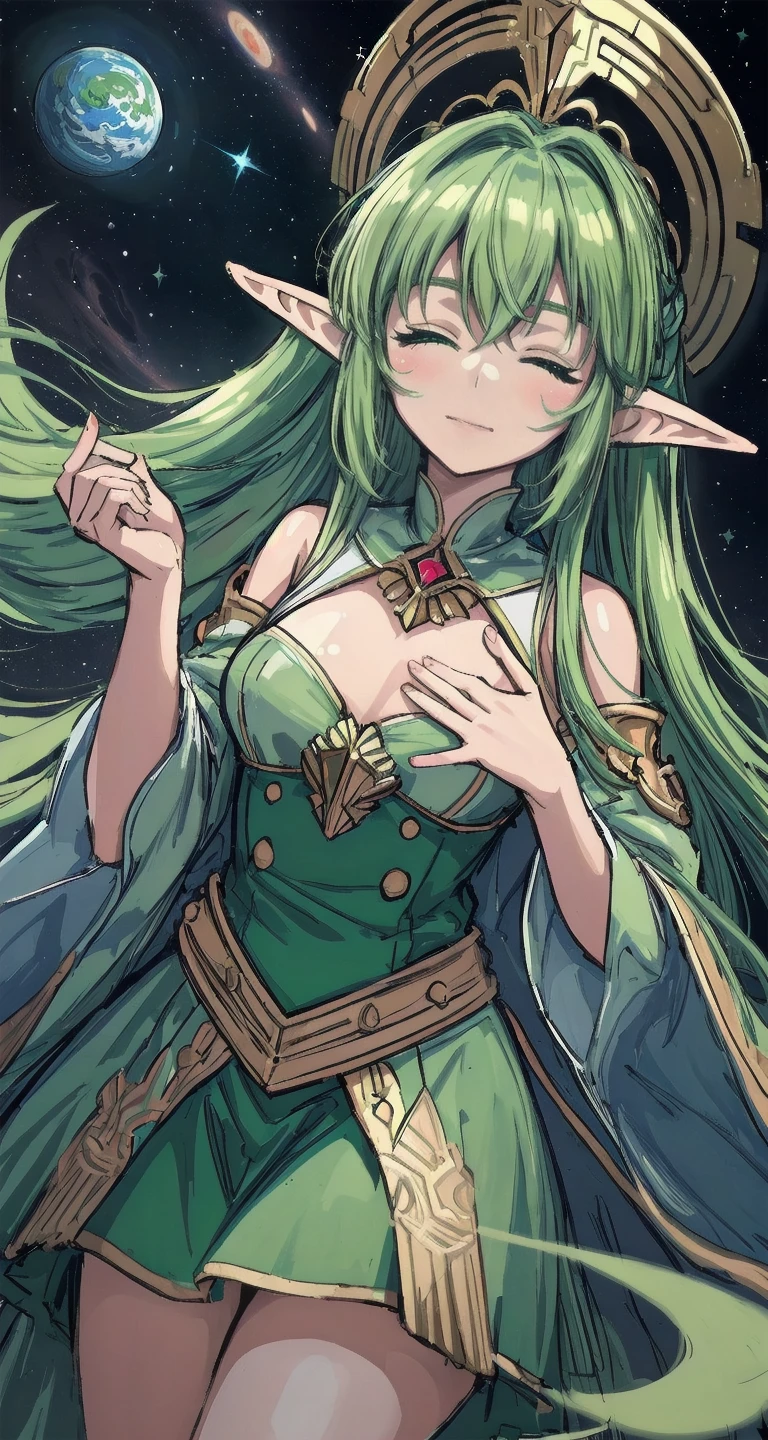 Masterpiece, beat quality, ((anime art style)), elf Girl, light green hair, pointed ears, jade eye, (NPC_freyja), exposed chest, white clothes with gold details, white wand in hand