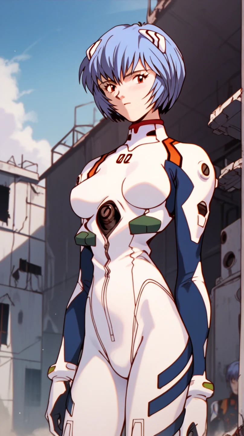 (melhor qualidade, Obra de arte, Colorida, dynamic angle, highest detalhado) Foto da parte superior do corpo, fotografia de moda de linda garota (\rei ayanami\), olhos vermelhos, dressing high detalhado Evangelion white suit, in dynamic pose, (detalhes intrincados, hyperdetalhado:1.15), detalhado, luar passando pelo cabelo, (arte oficial, extreme detalhado, highest detalhado), HDR+