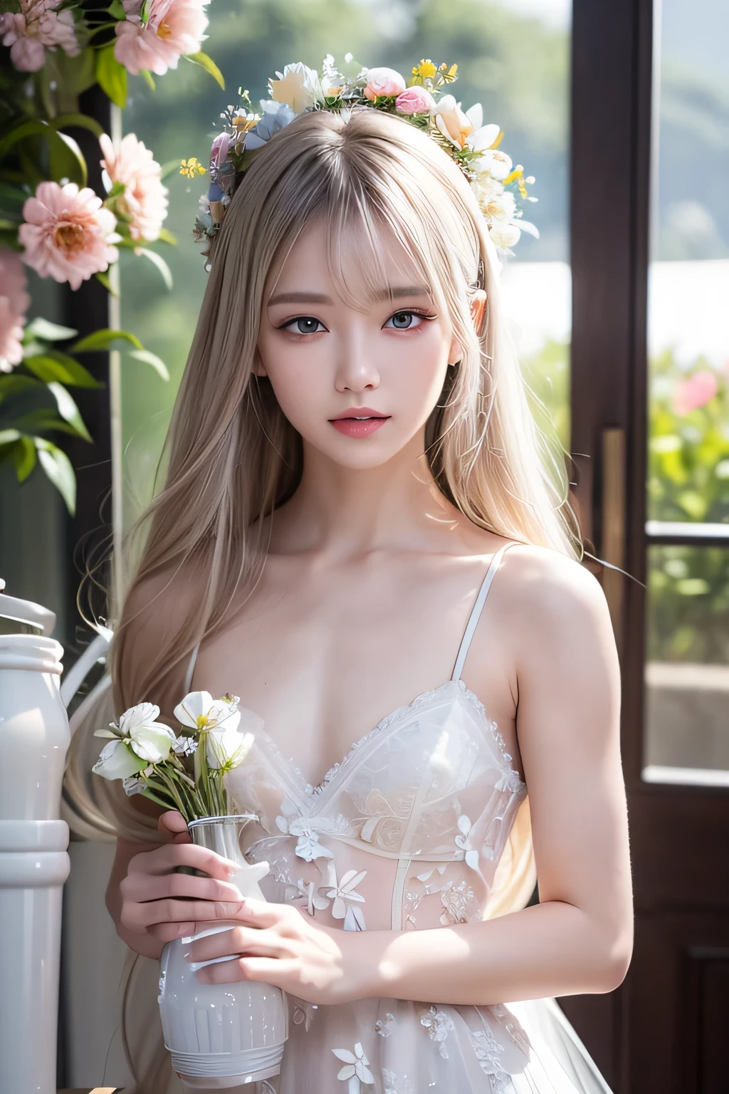 (best quality: 1.8), (high quality: 1.8), ((ultra detailed)), super high resolution, (masterpiece: 1.8), fine detail, high resolution, 8k wallpaper, 8k, RAW photo, ( real Sense: 1.4), realistic, realistic, high-detail RAW color photos, professional close-up photos, close-up portrait photos, ultra-high resolution, HDR, 8k resolution, CG, official art, perfect light and shadow, realistic, fine details, uniform, Highly detailed CG uniform 8k wallpaper, ulzzang-6500, (Korean mixed race), 1girl, slender girl, extremely delicate and beautiful girl, toned body, symmetrical, (kpop idol), (korean idol), solo, solo focus , slim and smooth lines, platinum blonde hair, see-through bangs, double ponytails, detailed face, (feature detail), [:(high detail face: 1.2):0.1], blush, blue eyes, beautiful detail eyes, very Detailed eyes, beautiful eye makeup, puffy eyes, eye contact, starry sky, sweaty smile, bright smile, happy, cute and innocent, cleft lip, beautiful lips, detail, big white teeth, big breasts, puffy breasts, thin waist, very detailed skin, real skin, firm skin, ( shiny skin), side view, (fair skin: 1.2), cowboy photo, half body, (upper body: 1.1), dynamic light, glare, looking at viewer, fantastic, nsfw, no text, ridiculous, unbelievably ridiculous , translucent clothing, (detailed clothing features), (tight|wet|short|sexy panties: 1.3), ((tulle penties)), (penties with pink flower decorations), (((pink |Lace|Elegant|Transparent|Mini skirt))),deep chest,lace|sexy|beautiful|floral|tight bra,((floral lace bra)),((white bra)),drenched,drenched clothes , white ribbon, narrow straps, landscape, outdoors, ((behind the fairytale castle)), (((behind the disney castle))), (((behind the disney castle))), bouquet of flowers, blue sky, ((magnificent architecture)), highly detailed backgrounds, ((kneeling)), ((hands between legs)), (((elegance|crystal|diomand flip))), direct, (elegance|flowers bra: 1.2 ),(Butt shield feet)),(Shots outside hands: 1.2), (Shots outside feet: 1.2)