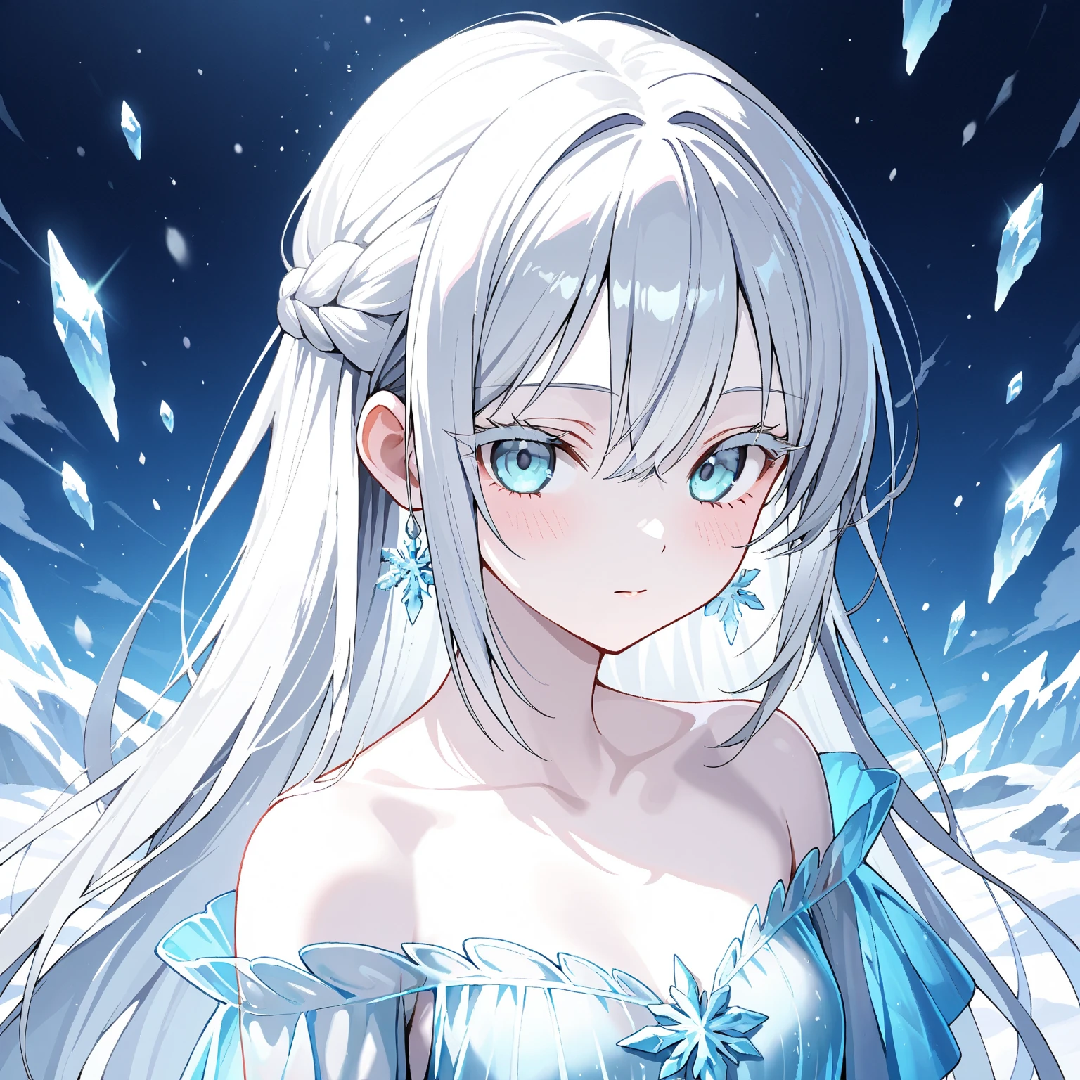 A slender ice queen with small breasts, her dress is blue and tight on the body, her gaze conveys peace but at the same time coldness, her hand holds an ice sword, On her neck there is a necklace that shines a small blue light. Looking up Perspective. Perspective of lowercase. She's looking at the tiny one.