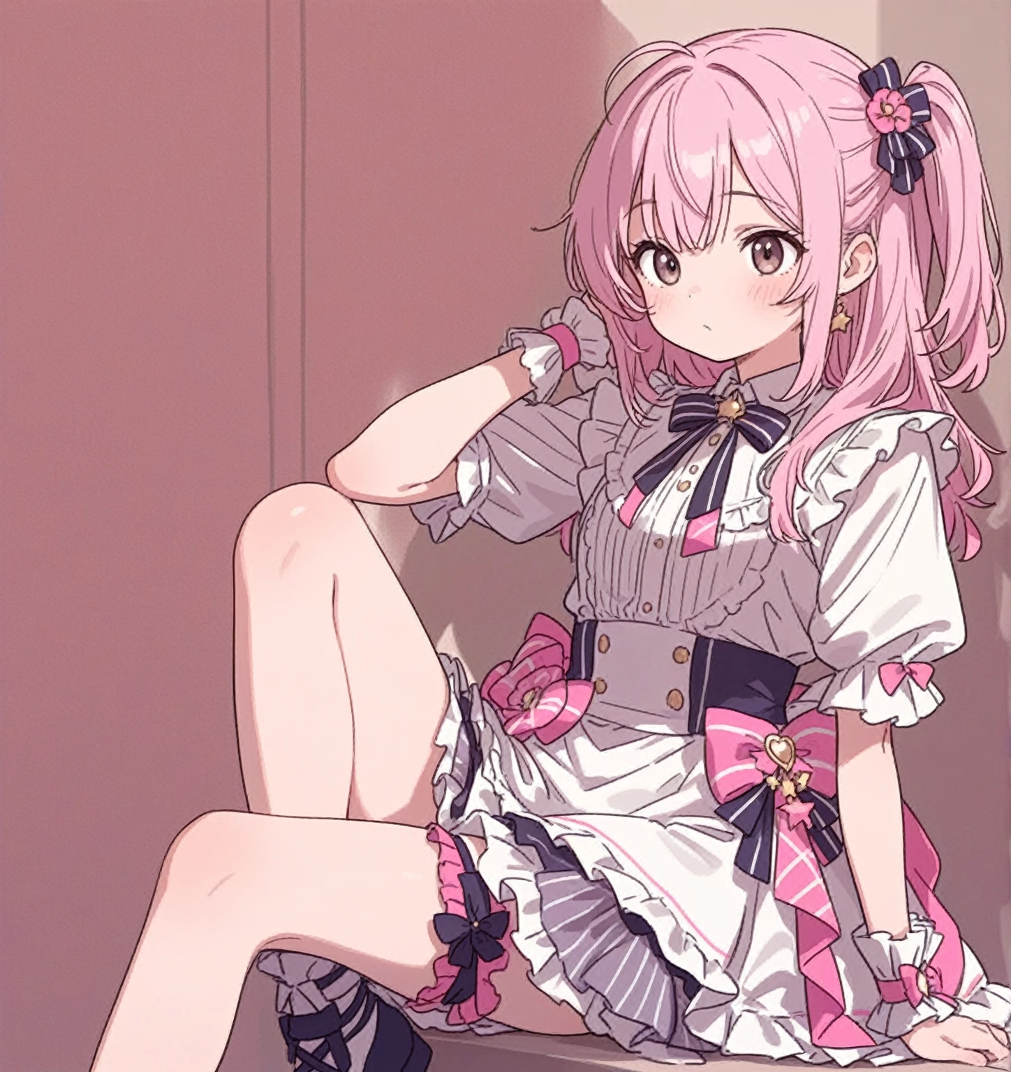 Girl with pink hair, long double-tailed hairstyle, ((small pink bushy eyebrows)), dressed in lolita clothes, marked vagina, lolicon (Zankuro) drawing style by zankuro artist, Zancro style, image uploaded to R34, sitting on a penis (well defined penis) (having vaginal sex) cum bubbling out , very close up to her ass, sitting on male crotch