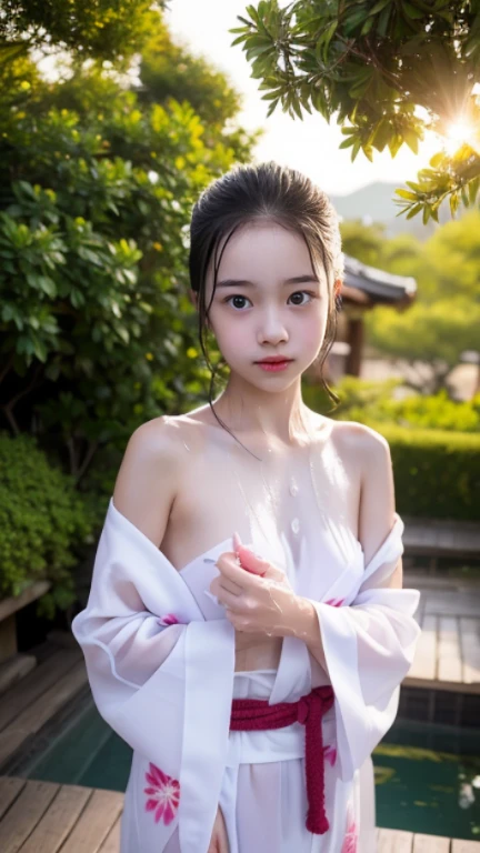 One lady,12year old,japanes(((,White costume)))portlate,A dark-haired,Beautiful ponytail,Wet with sweat,Clothes are wet,Natural smile,(((Beautiful udder)))C Cup