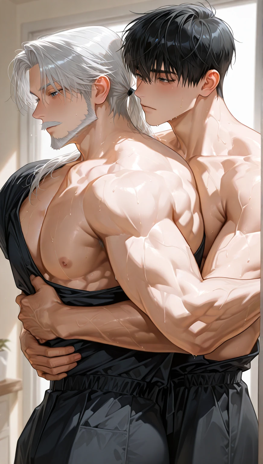 best quality, masterpiece, yaoi, two rugged men, handsome young man with bronzed tan skin who is bound and chained, he is ((bleeding)), cuts, bruises, tears welling up, anal sex, doggystyle, face down ass up, sex from behind, anal sex with evil knight who is a massive bodybuilder man wearing full metal armor, flaccid, foreskin, dripping precum, ((grab ass)), dark dungeon, ambient lighting, dramatic shadows, manga art style, best view, perfect fingers, no watermark, no logo, no signature