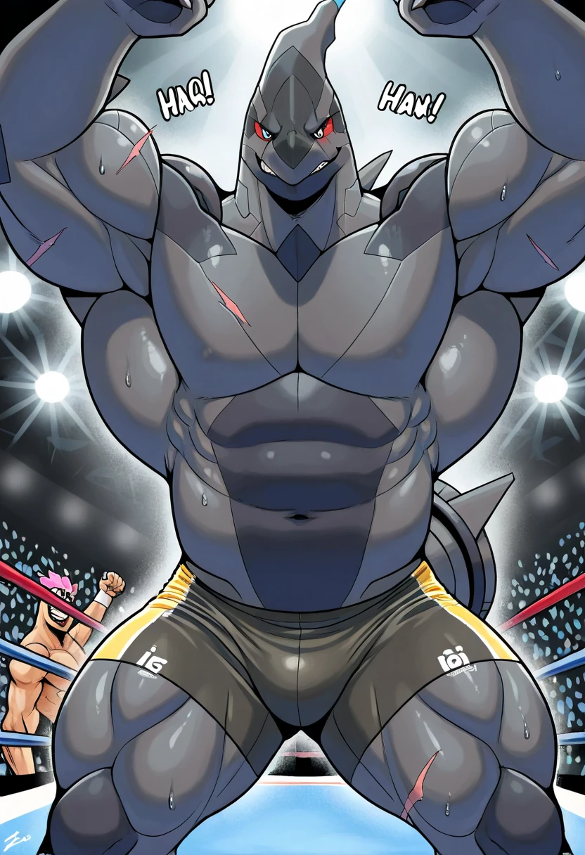 (Pokémon) Machoke in bodybuilding competition, en el escenario con otros culturistas de Machoke a su lado, Wear a small thong (metallic color: Tanga negro azabache) masivo, enorme, muscular bodybuilder with extraordinary biceps, pectorales gruesos, triceps, trampas, cintura estrecha, Gigachad, 500 libras.