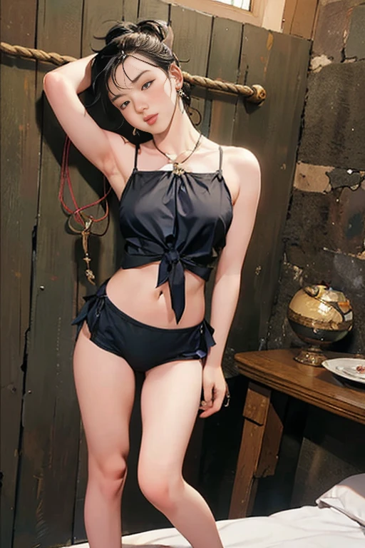 (masterpiece, highest quality, 8k, RAW photo, beautiful and aesthetic:1.2), intricate details, one girl, (full body:1.2), door marie, twin tails, X hair ornament, hair ribbon, , black bikini