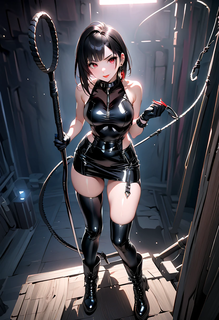 Sexy female BSDM gets down on her knees and hugs an innocent woman'head of、1 female, alone, short hair, (covered nipples:0.9)、huge breasts, huge ass, ((open crotch)), ((kneel down)),((Please show me your armpits)),((background: dark basement)),(masterpiece), (highest quality), (Super detailed), (Detailed CG illustration), ((very delicate and beautiful)),cinematic light,
