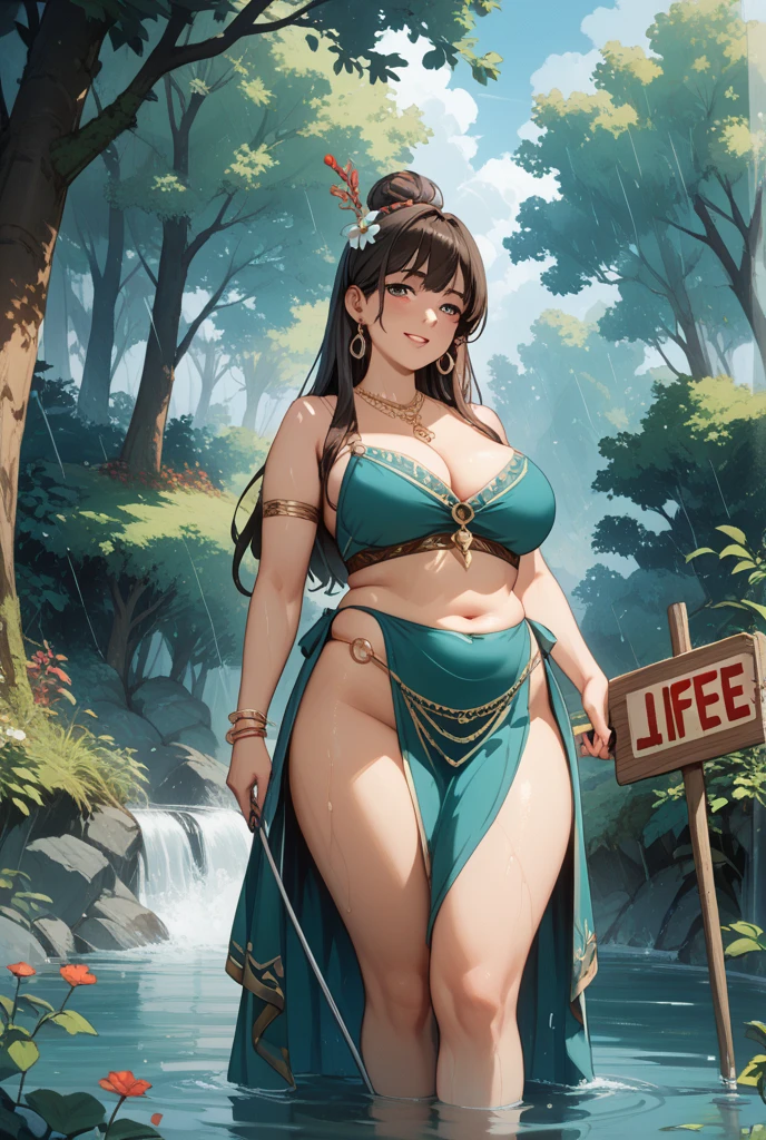 Goddess mother in her 40s, huge boobs, defined facial feature, abs in a see-through saree near a pond in a lush green forest