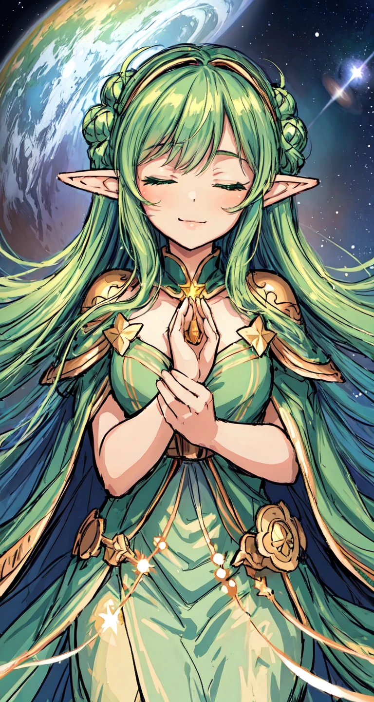 Masterpiece, beat quality, ((anime art style)), elf Girl, light green hair, pointed ears, jade eye, (NPC_freyja), exposed chest, white clothes with gold details, white wand in hand
