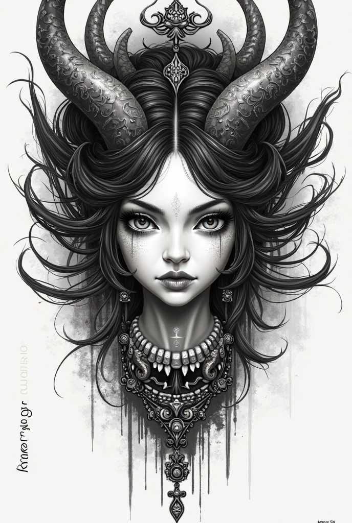 Pencil drawn demon goddess with horns (dark style)