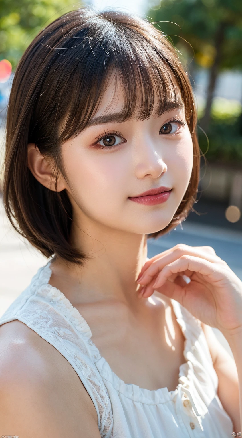 masterpiece:1.3), (8K, Realistic, RAW Photos, Best image quality: 1.4), Japanese women、Baby Face、(Random Hairstyles:1.2)、Highly detailed face、Attention to detail、double eyelid、Beautiful woman:1.4、Light brown hair、Highest quality、masterpiece、Ultra-high resolution、(Realistic:1.4)、Smile with professional lighting and attention to detail、Loose、thin、short hair、Deadly position、Full body image、garden、