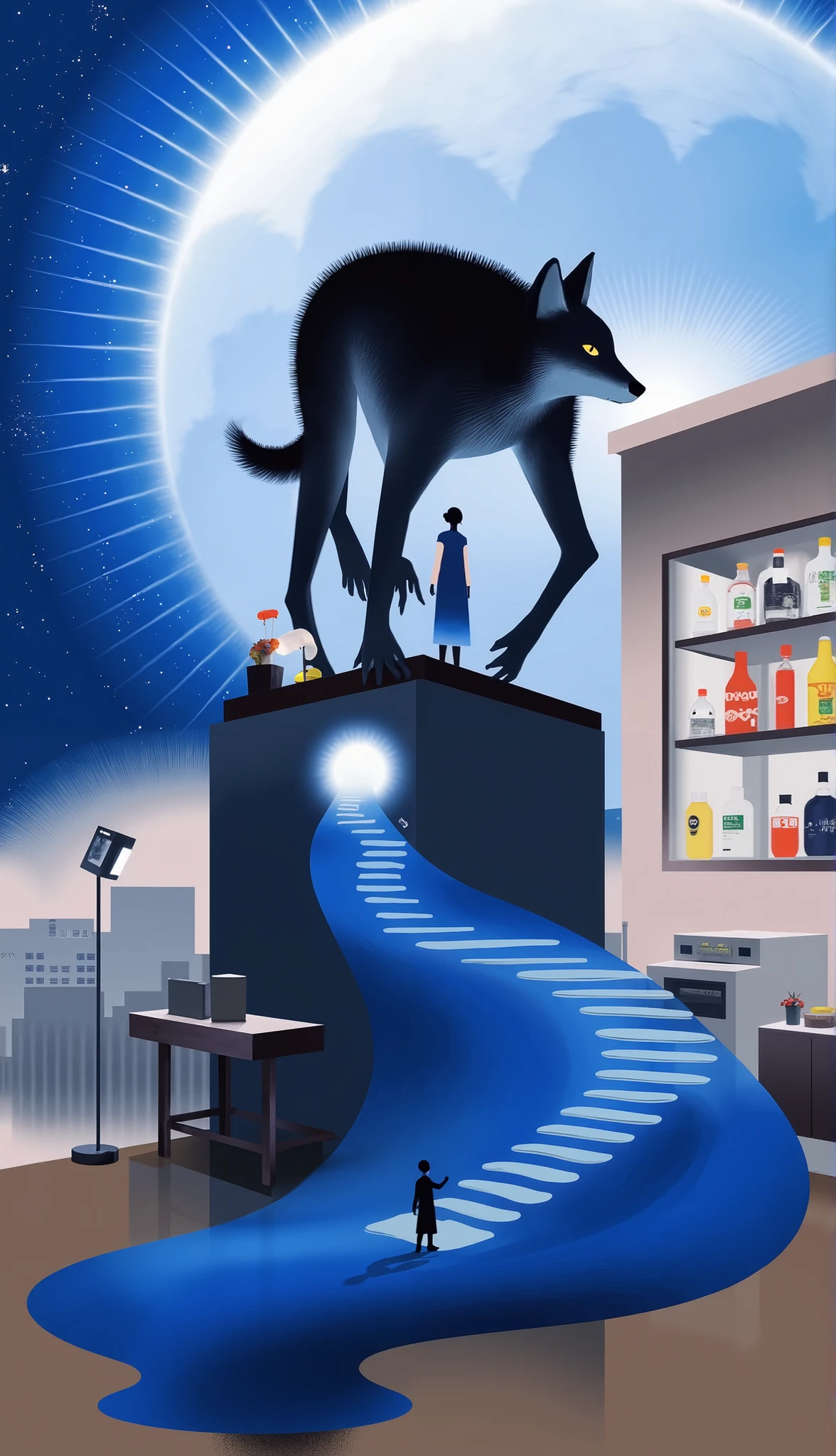 场scene设计，” the magic in the ordinary”，in a super magical space，Inside is a secret drawer under the cashier with strong blue light leading directly to the Earth's core，（The rotating light staircase），
，with magically faded quill pens and glass bottles filled with mysterious galactic ink，An openwork and atomized waiter，穿着白色连衣裙的阿拉法德女人站Sturdy furry wolf at the convenience store 收银台后, Japanese robot geisha, Inspired by Herbert Bayer,  pop japonisme 3D super detailed , Surreal avant-garde style , Japanese pop surrealism, Ghost in the Shell Geisha Robot, Cinema 4D Art, Japanese pop surrealism,  Art Deco Shaman 。scene：The late-night convenience store's door axle gently opens，A gentle heat wave envelops the aroma of Kanto cooking，against my cheek，and hugs the cool night breeze outside。The fluorescent tube buzzes，The halo is smudging，The air smells mixed with food and electricity。Sturdy furry wolf at the convenience store 、deep in the classroom or alley，hidden undetected magical miracles in everyday life