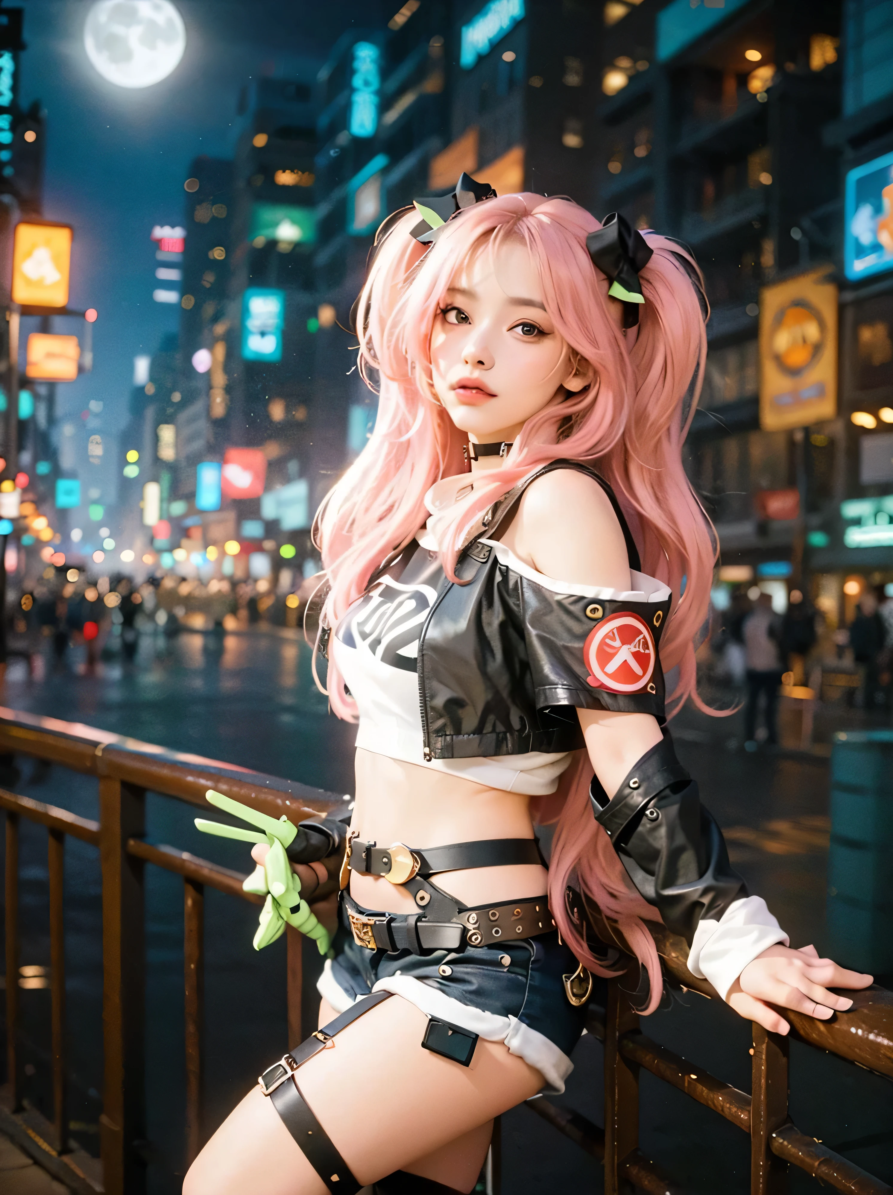 Hero, (Full Body: 1.4), (Daytime: 1.3), Japan People, Perfect Lighting, Colorful, (Masterpiece: 1), (best_quality:1), Ultra High Resolution, 4K, Ultra Detail, Photography, 8K, HDR, High Definition, Absurdity: 1.2, Film Grain, Lens Flare, (vibrant_color: 1.2), (beautiful_face: 1.5), Clearly defined cornea, Brianne des Chateau-SMF, 1 girl, solo, blue eyes, sky full of hearts, pink dress, belt, hair band, puffy sleeves, long sleeves, smile, ((pink aura, pink energy: 1.3)), combat stance, very complex, destruction, ruins, stones, black sky, pink energy, radiant heart, open arms, black pantyhose, Cyberpunk AI (neon) city, detailed background,
