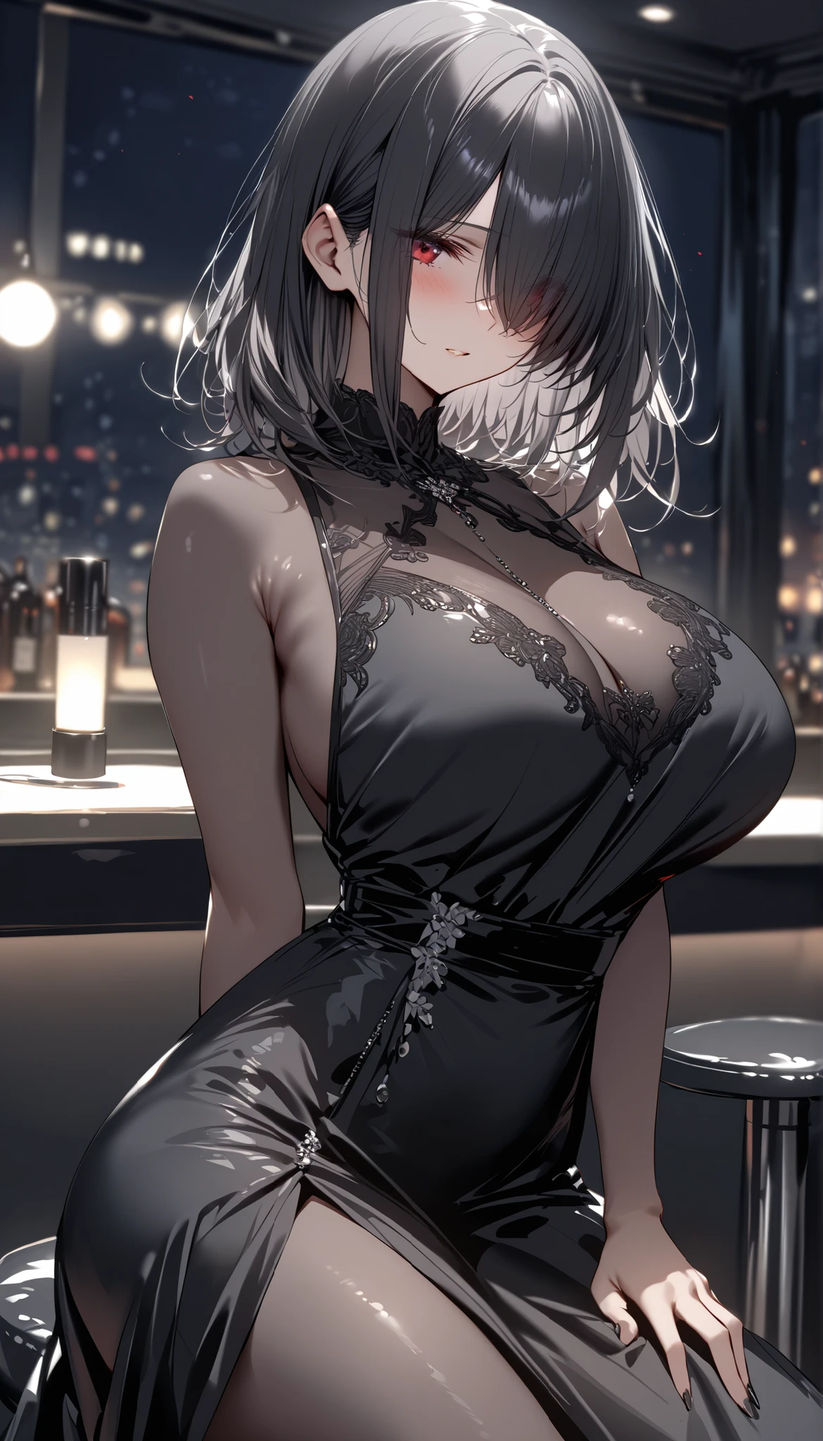 sovetsky_Soyuz, grey hair,messy hair bun, choker, necklace, bracelets, earring, bare shoulder, thighs, black dress, luxury dress, thigh holster, large breasts, cleavage, first rate breasts, grey eyes, sharp eyes, Long eyelashes, symmetrical eyes, eye shadow, ominous vibe, expressionless, smug, grinning, Relaxed, anime, aesthetic, Anime screenshot, Ultra quality, UHD, high detail, night, ballroom, champagne, party
