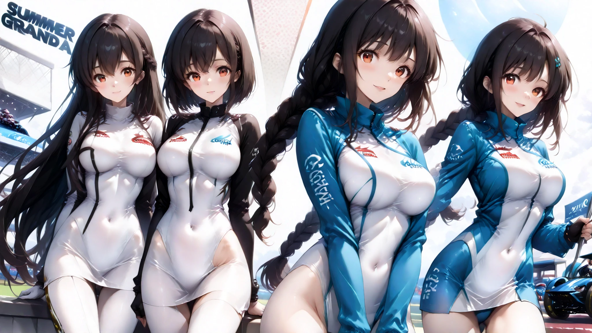 Highest quality、super high quality、16K, Breast size is random、Facial expressions are random、Location is random、 Hair color is silver hair、The pose is with the butt facing、The distance is random、Angle from below、Small face、Very delicate facial expressions、Delicate eye depiction、Highly detailed hair、Erotic、18-year-old female、Glowing Skin、Soft Skin、The only sexy Japanese woman、Race queen outfit random、Sexy ass、Three female models、