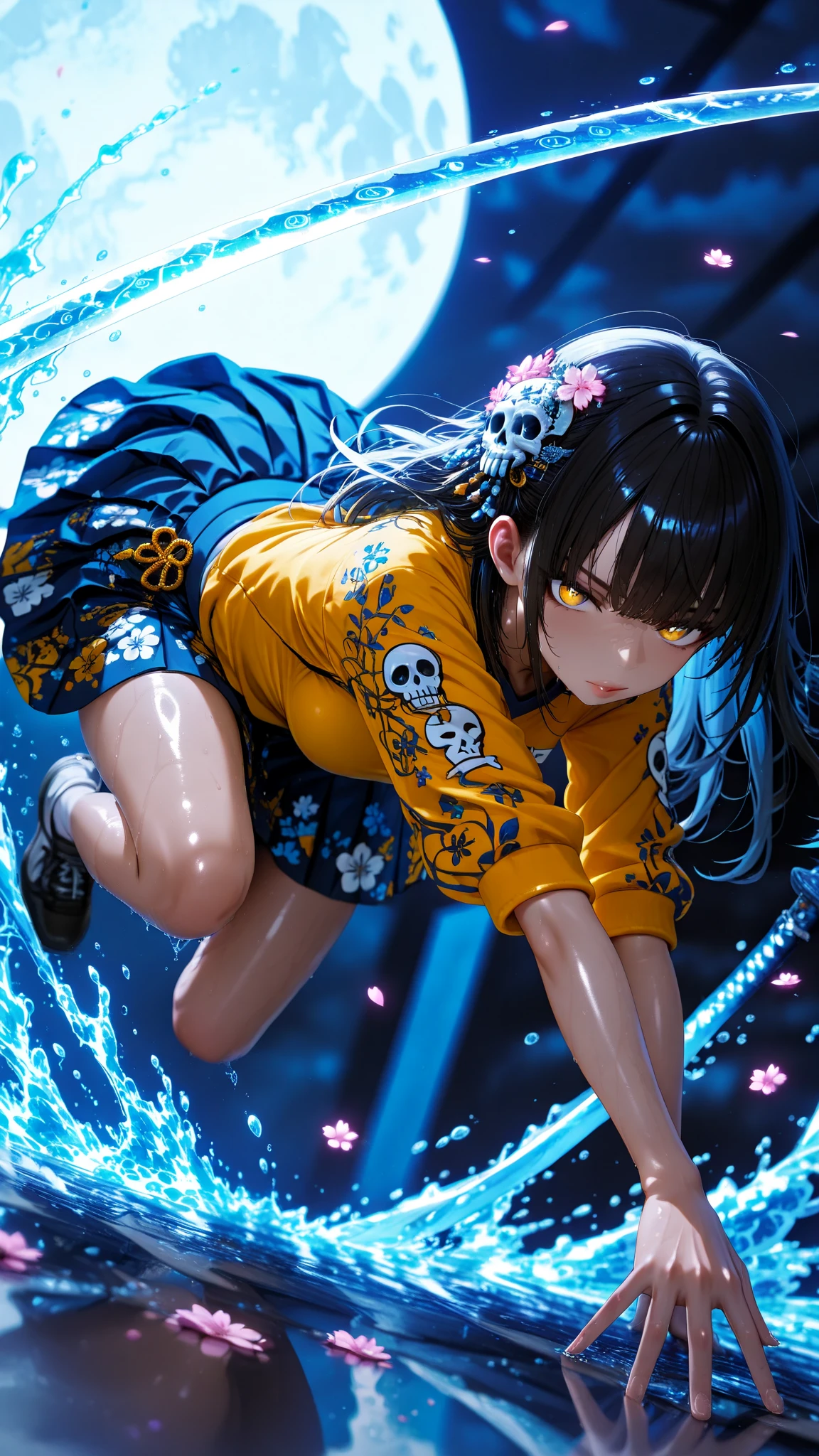 (Dramatic angle,Dynamic angle), (best quality,4k,8k,highres,masterpiece:1.2), (A 7 year old girl:1.2), (Very young little girl), (alone), (small breasts), eyes closed, original photo, Atmospheric distance perception, Aesthetic, complex, won, cybernetic enhancement, chiaroscuro, best quality, Detailed background, (underwater atmosphere:1.2), ((girl wearing black QiPao:1.2)), floating QiPao, best wrinkles, real wrinkles, Best shadows, (At the bottom of the deep sea, Try to hold your breath, eyes closed, floating drowning), (sink, exhaling or struggling), Underwater dance, young woman, late teens, black qipao, high collar softened, button loosened, collarbone glimpse, side slit portal, skin flash, bare skin, swirling water, upper body buoyancy, upright stance, elegant arm movements, dancer's precision, legs power, control, bare feet, toes splayed, pointed, pool floor propulsion, grace, strength, qipao hem swirling, fabric cloud, darkness contrast, luminous water, frayed hem edge, imperfection, underwater world, refractive qualities, human form beauty, transformative power, Detailed texture, (anatomically correct body, Detailed face, (Detailed texture), (wet, completely flooded, (very wet texture QiPao), (Floating hair), (black hair), thick hair, hair accessories, QiPao, (underwater), The underwater scene is darkness, Illuminated by the light pattern of the sun, There are rocks and aquatic plants around her, creating a dynamic and darkness underwater world,