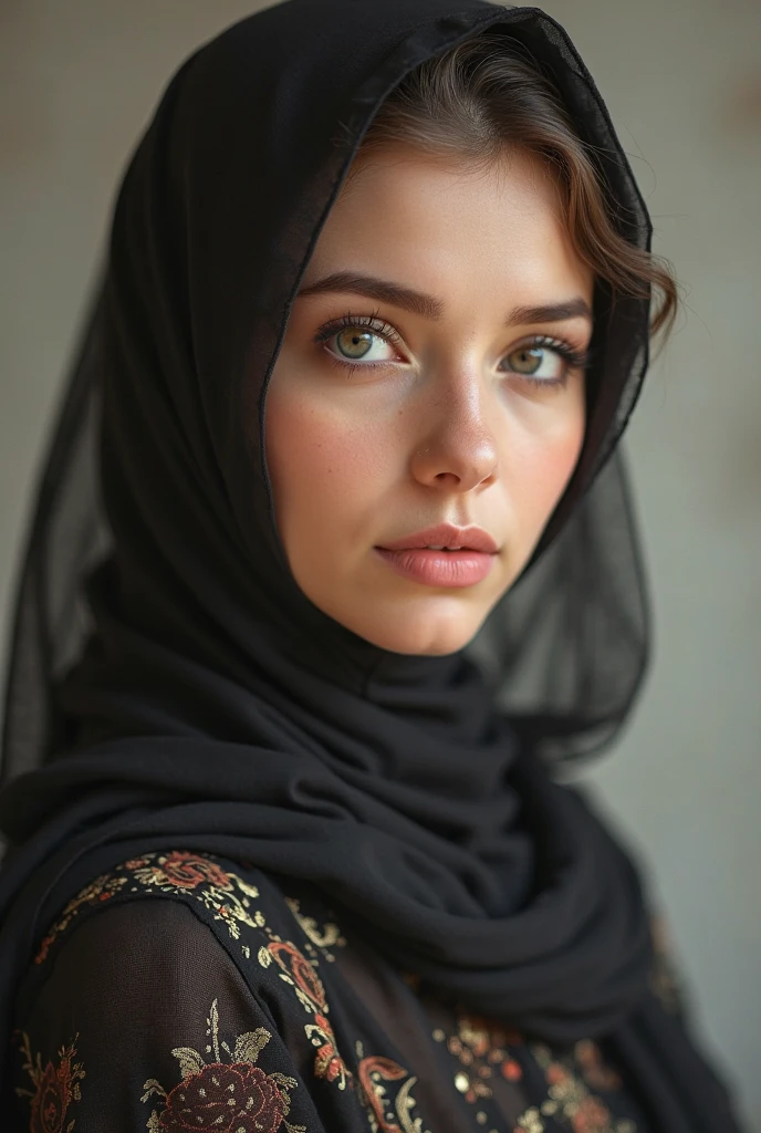 A beautiful Arabic Women Realistic wearing hijab and reveling her cleavage. DSLR Realistic 