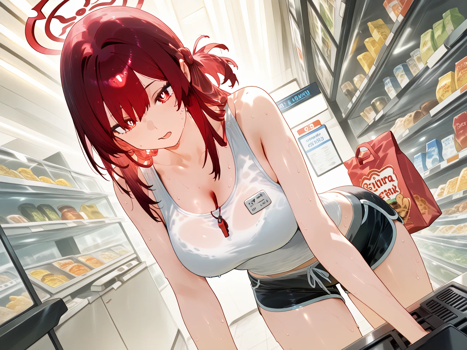 (((Convenience store clerk))), ((Magnificent)), ((Slender figure)), ((Blue underwear)), Star hair ornament, Red hair, long, The highest image quality, hightquality, high detailing, 超A high resolution, 8K, depth of fields, Cinematography, intricate detailes, Elaborate, meticulous, Magnificent, Maximum Detail, Extreme beauty