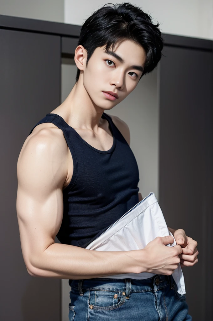 (A asian pretty Boy, cute boy, Nude posing:1.1), (absurdres, realistic, masterpiece:1.2), RAW photo, best quality, 8K,1boy, chinese idol, very handsome, perfect face, Extremely detailed, Practical:1.5, professional photography, Bright colors, Clear focus, young, slender, muscular, slim muscular, (perfect hands, 5 fingers) , Comb-over hairstyle, Black short hair, clear and beautiful detailed eyes, Playful expression, soft skin, detailed skin, spread legs, detailed highlights and shadows, Excellent body proportions, Correct anatomy, male focus, Topless, (white short pants:1.5), Potted plants, flowers, (roof, Skyscraper, balcony:1.1), Glass Wall, Studio Lighting, gentlesunlight, Cinematic Lighting, Warm colors, full-body shot,