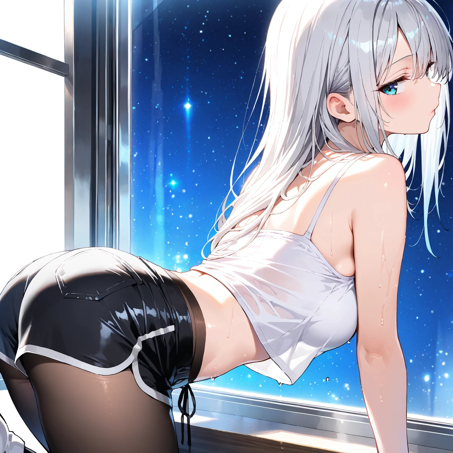 A girl with a black cap that has star decorations hanging has a wolf cut and her hair is a platinum color with slightly dark tips and she has a little blush on her cheeks. She also has gray headphones. She is thin and tall on her back. She has a skateboard with a gray star print has a tight gray blouse that is a little short and short shorts with white stockings that reach to her knees with black shoes that have black soles and laces she is a woman