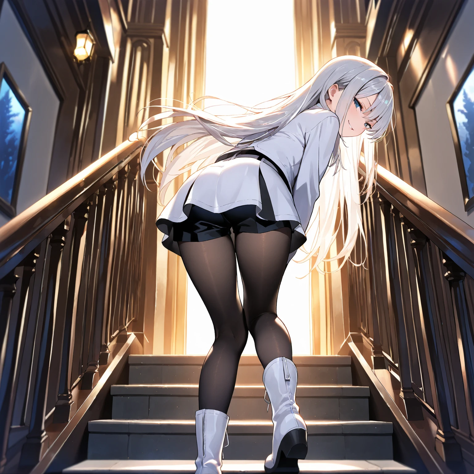 ​masterpiece、Top image quality、high detailing、Detailed beautiful face and eyes、abajour、window、(nighttime scene:1.5)、nighttime scene、(In black stockings:1.3)、(Pants over pantyhose:1.3)、(red eyes:1.4)、Delicate interior design、Longhaire、1girl in、(White hair)、length hair、red blush:1、(a beauty girl)、cute little、((garterbelts))、((Eye lashes))、huge-breasted、cleavage of the breast、A smile、Long Globe、耳Nipple Ring、Character Center、(Kamimei:1.4)、Big buttocks、Tsuriformes、Small pants、 (Curvaceous:1.2)、(frombelow:1.1)、(Black pleated skirt:1.4)、White blouses、、thick leg、a belt、Blunt bangs、(Open legs:1.7)、Blunt bangs、pretty pose、、Angle from the side、校服、(The upper part of the body:1.5)、((I can see panties))、((Strong wind from below:1.5))